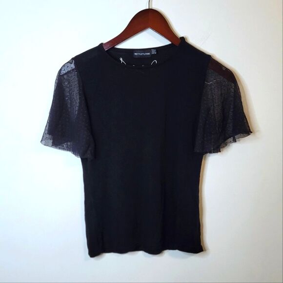 PrettyLittleThing Black Top Mesh Polka Dot Short Sleeves Size 6 - Picture 1 of 9